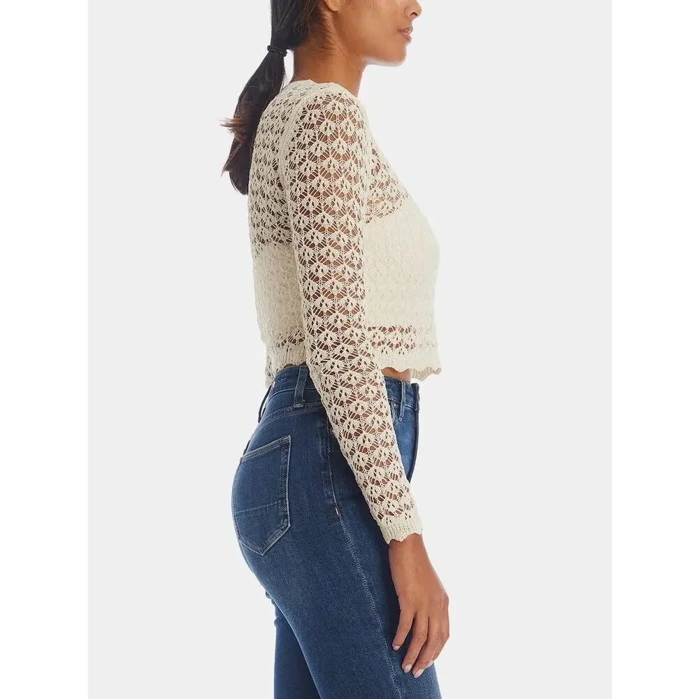 ASTR Cream Crochet Knitted High Neck Long Sleeve Pullover Crop Sweater Top XS